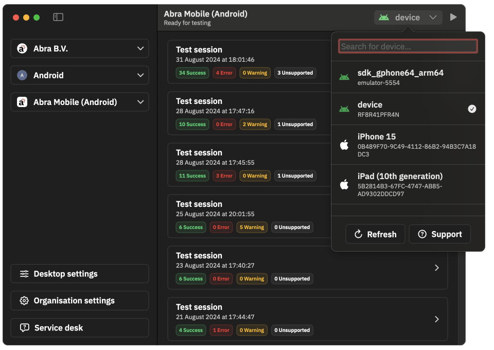 Interface of Abra Desktop, showing testing results and a device dropdown