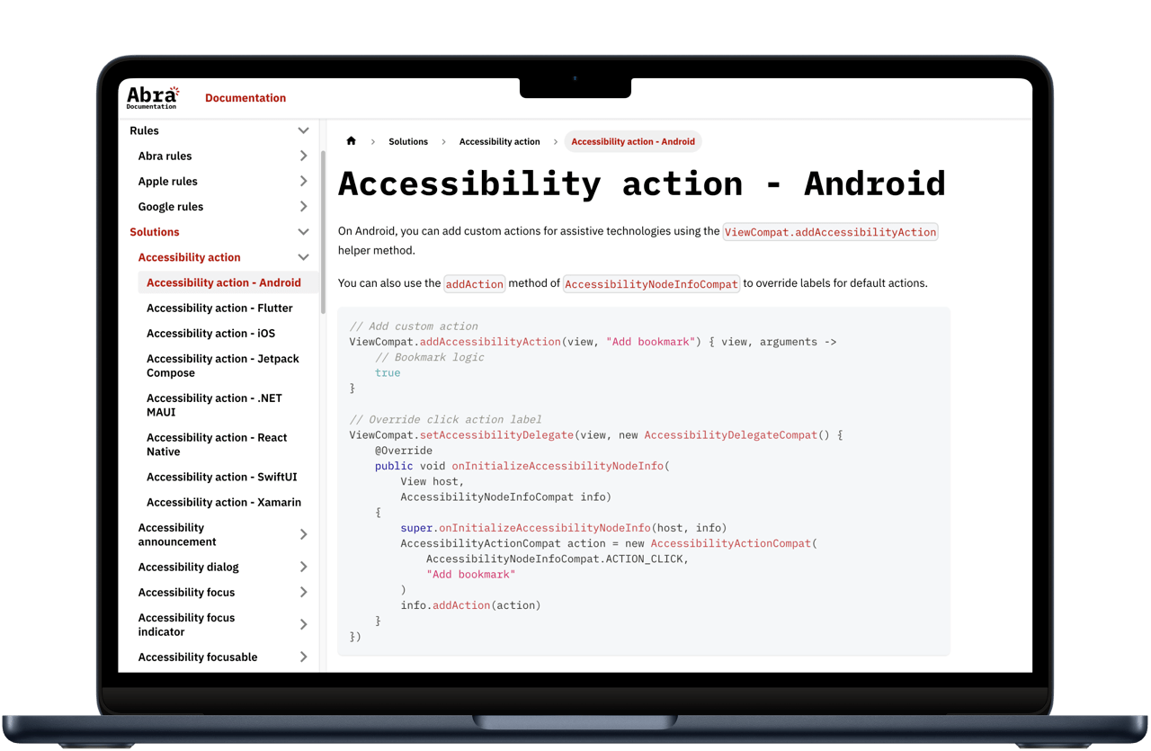 Overview of Abra Documentation, showing a code sample how to set an accessibility action on Android