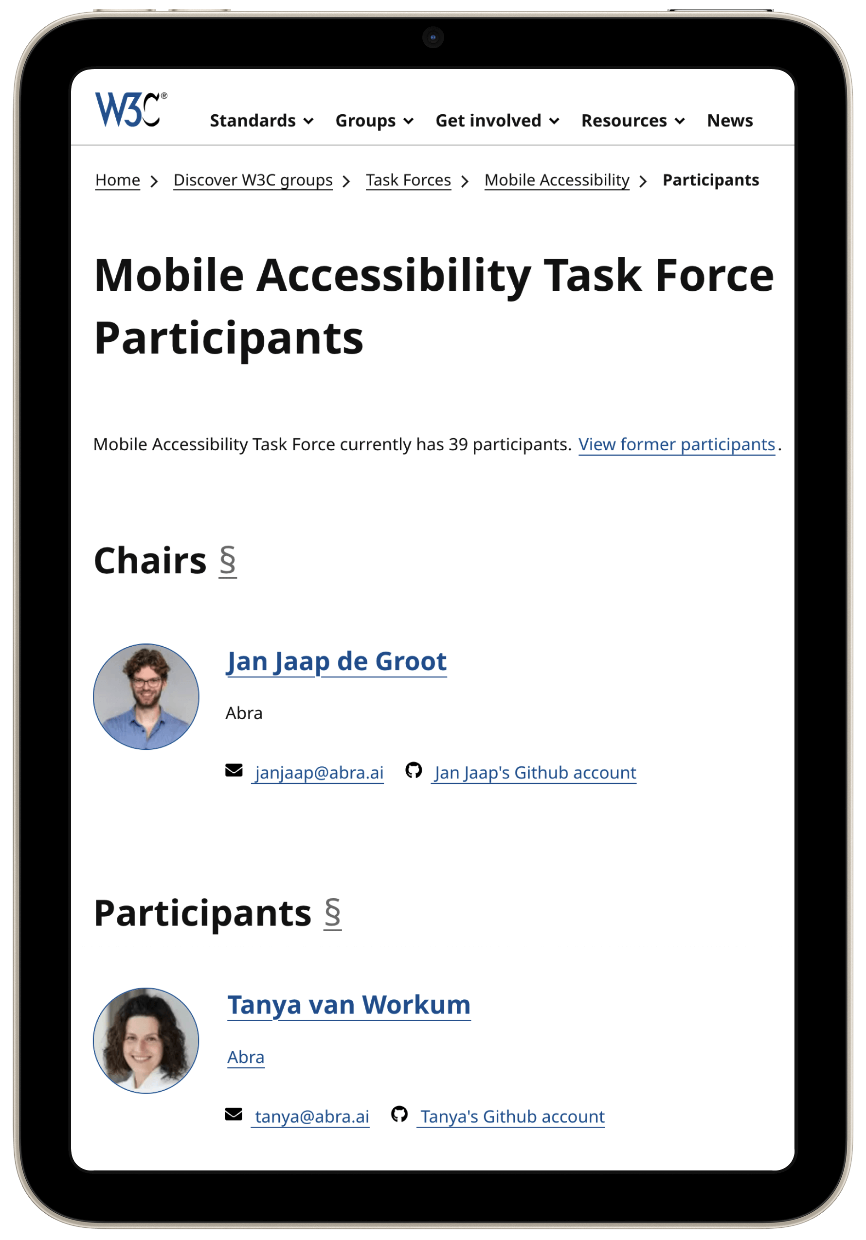 Screenshot van de Mobile Accessibility Task Force-pagina op de W3C-website, met Jan Jaap als voorzitter en Tanya als deelnemer